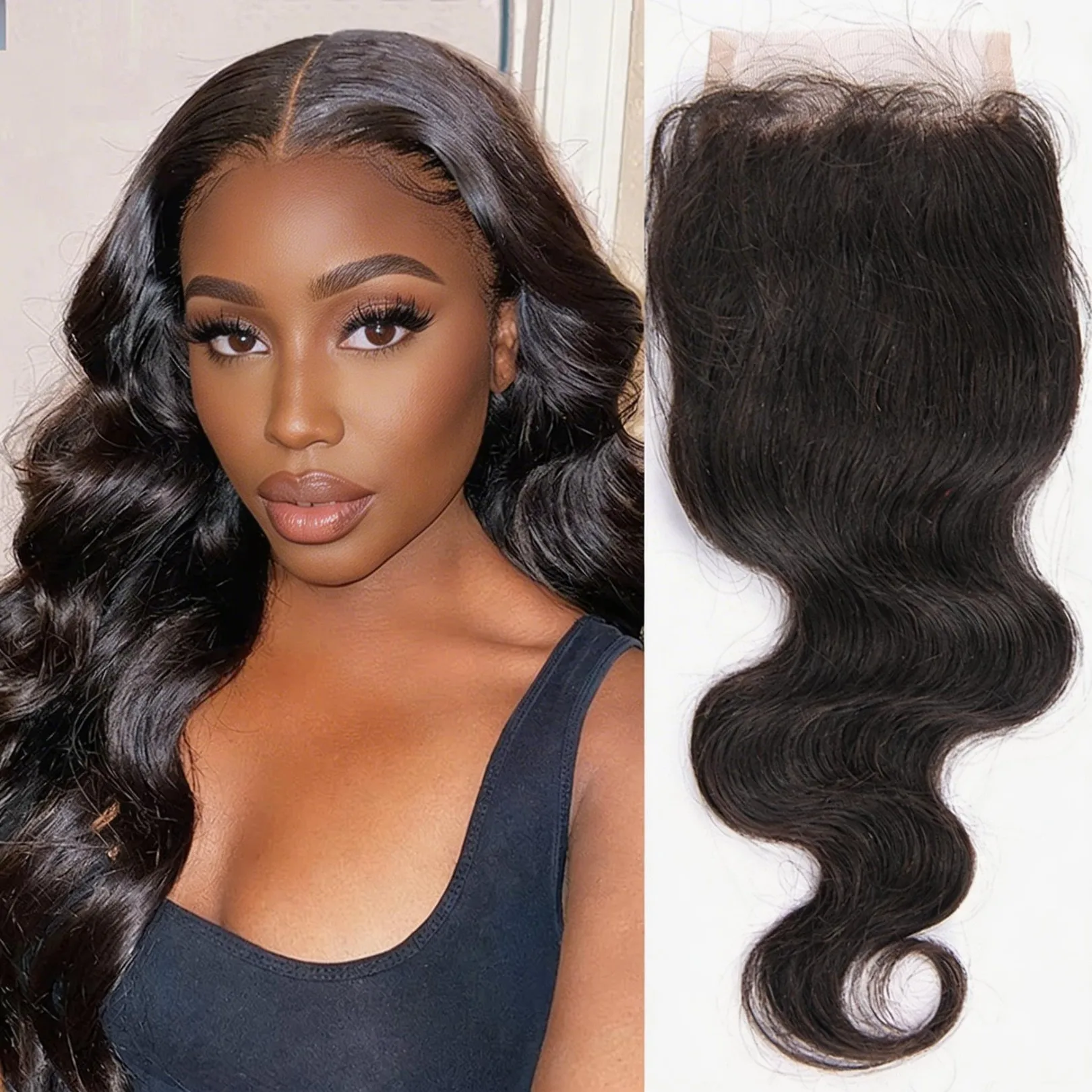 

4x4 Lace Closure 100% Human Hair Unprocessed Natural Black Straight Body Wave – Safe to Bleach & Dye, Heat Resistant, Perfec