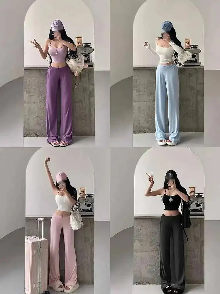 رغبة نقية كسول نمط منخفضة الخصر معلقة الشعور فضفاض التخسيس مستقيم الساق واسعة الساق سراويل تقليدية الطابق سراويل أنيقة AH1E