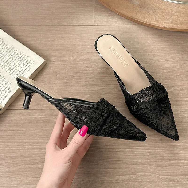 New Popular White Embroidery Lace Heels Mule Slide Woman Point Toe Stiletto Bride Shoes Ladies Elegant Wedding Party Dress Pumps