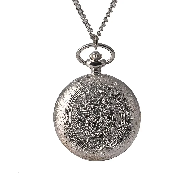 8857Retro large size pocket watch silver double-sided simple pattern white dial quartz posket watch with necklace the best gift