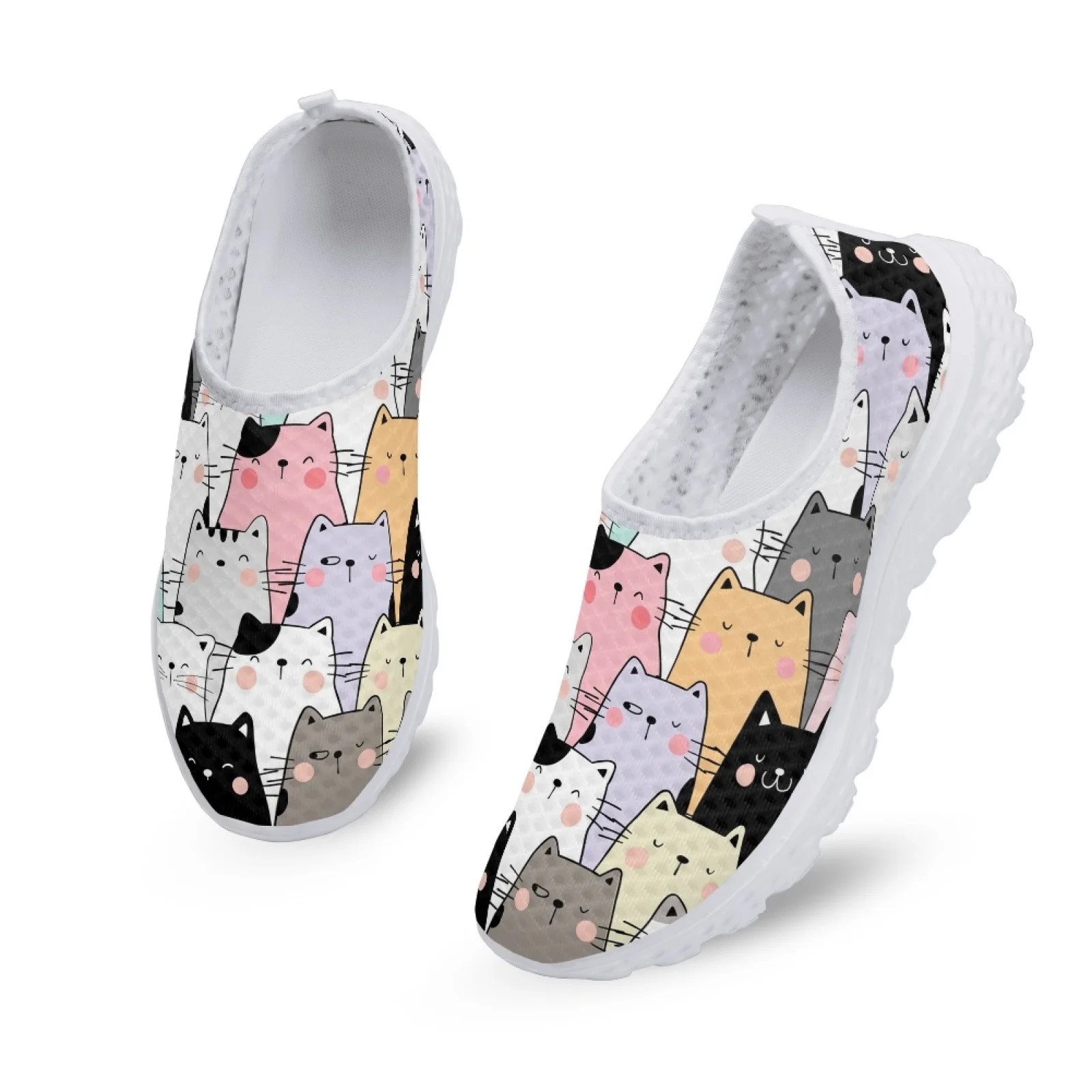 INSTANTARTS Cartoon Cat Designer Brand Slip-on Shoes Hand-painted Cat Print Loafers Women\'s Casual Breathable Mesh Shoes Zapatos