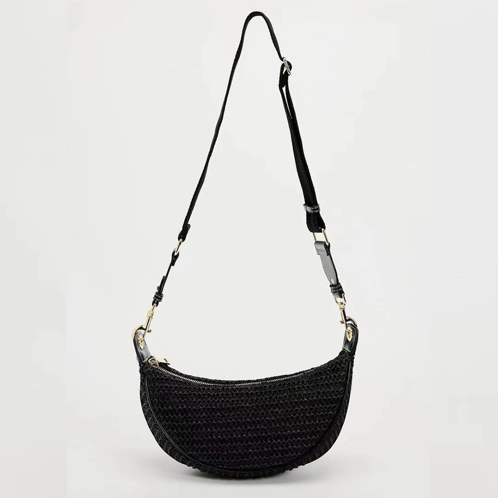 Bolso de paja Hobo tejido a la moda para mujer, bolsos de playa de viaje bohemios de media luna, bolsos de diseñador, bolso cruzado de hombro hecho a mano