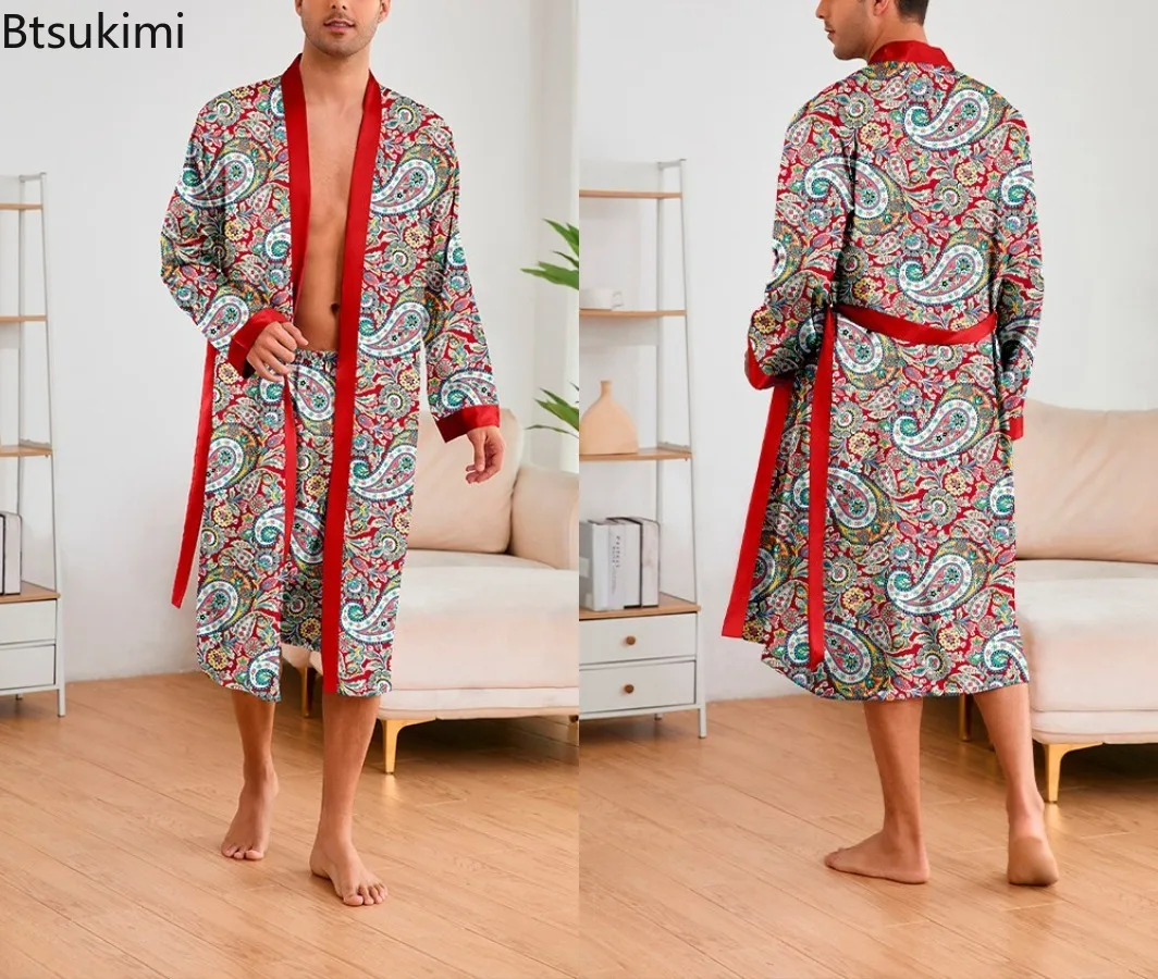 

Мужская одежда для сна из ледяного шелка, комплект из двух предметов, кимоно, халат, длинный халат, пижамный комплект с принтом тигра, свободная повседневная домашняя одежда, одежда для дома