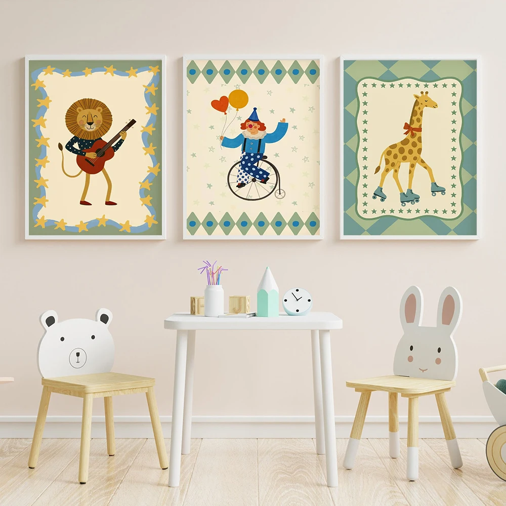 Unframe Lion Nursery Print, Musical Safari, Playful Jungle Decor Playroom Wall Art Pictures Monkey Band Giraffe Roller Skates Po