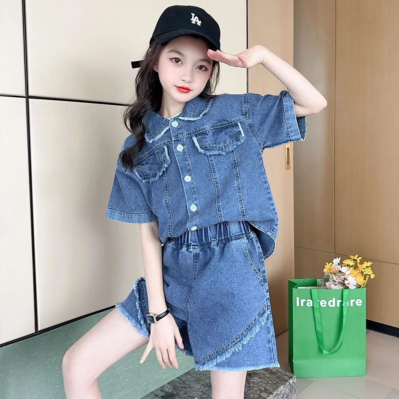 

Girls Summer Denim Sets Fashion Blue Short Sleeve Shirt + Shorts 2pcs Suit Kids Outfits Casual Children Costume 12 13 14 Years