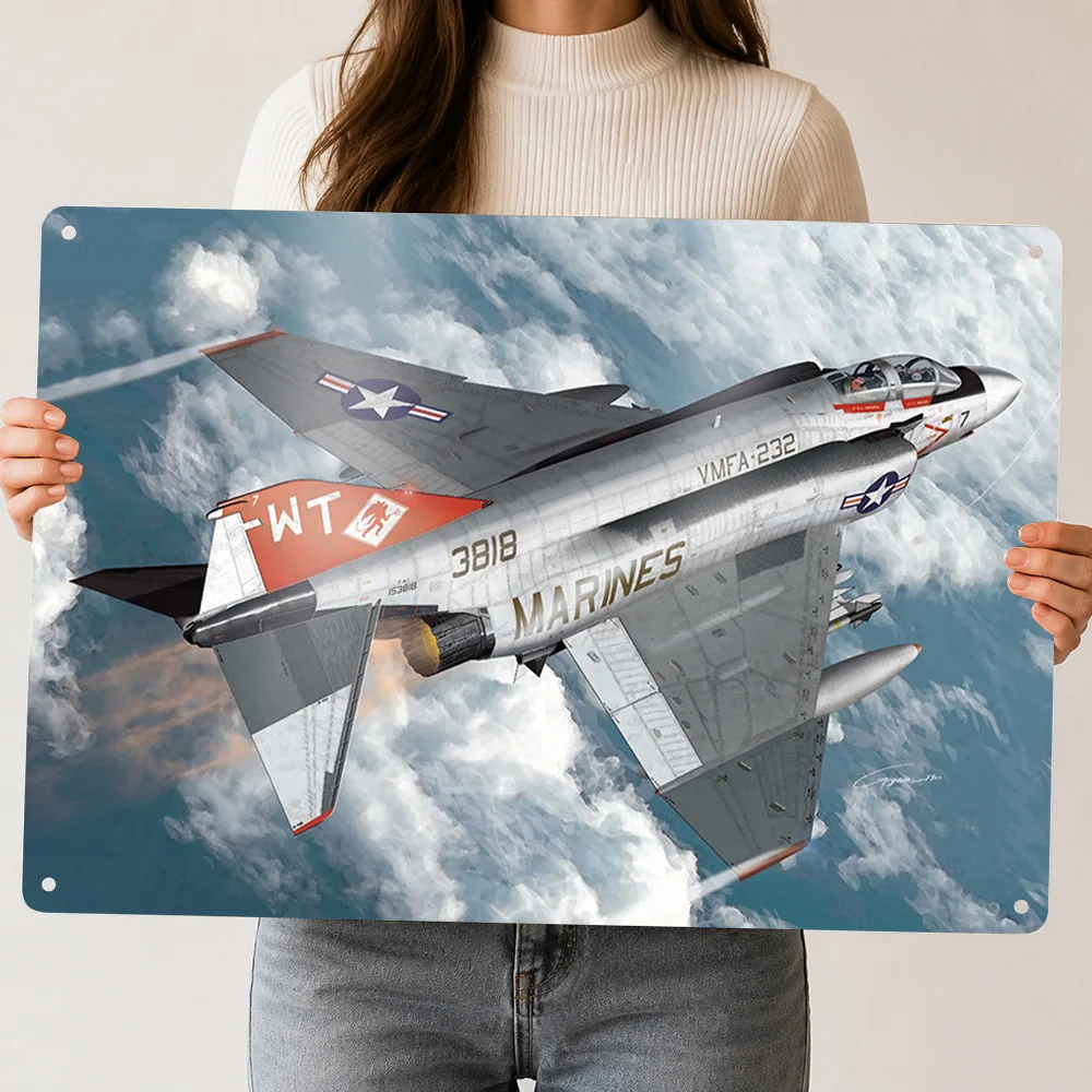 F4 Phantom 2 Fighter Jet 3D Texture Printed Poster Custom Vintage Metal Tin Plate Sign for Wall Art Home Decorations Living Room