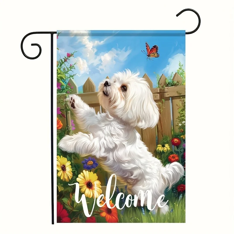 1pc Linen Blend Welcome Garden Flag, 12x18 inches, Cute White Maltese Dog with Butterfly & Floral Design, Outdoor Decorative Fla