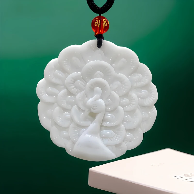 

White Natural Real Jade Peacock Pendant Necklace Stone Chinese Vintage Talismans Gemstones Carved Jewelry Accessories Luxury