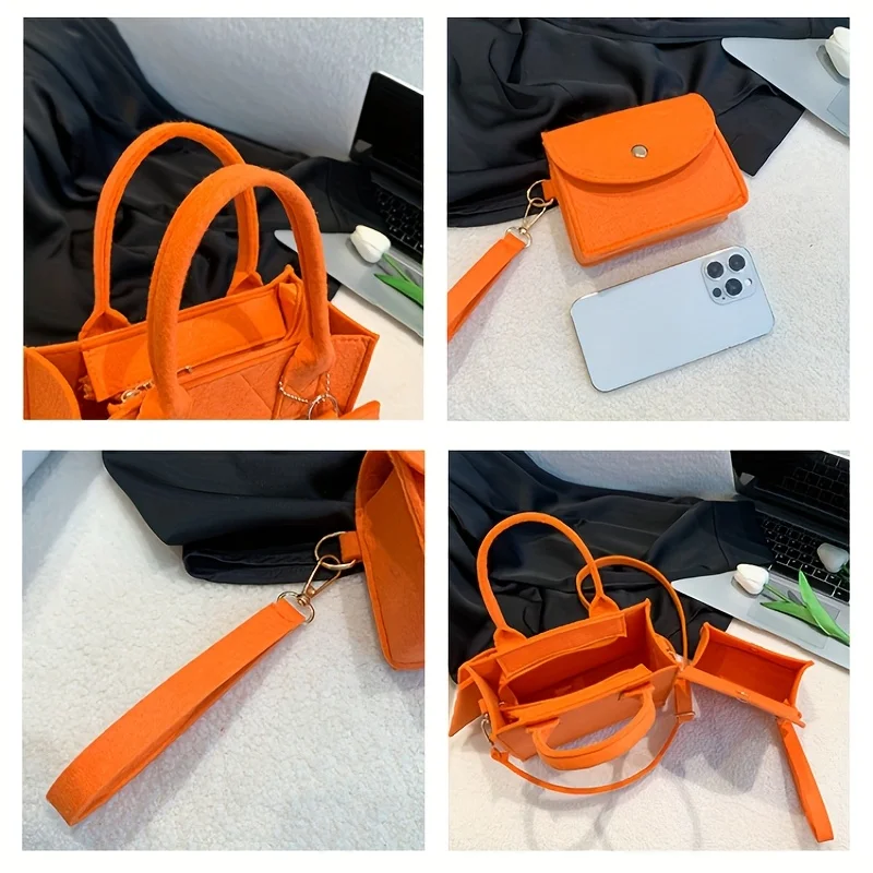 3 Stück/Set geprägte Damenhandtasche, stilvolle Umhängetasche, Clutch und Geldbörse, einfarbige quadratische Umhängetasche, Stoff für den täglichen Gebrauch – Detail 2