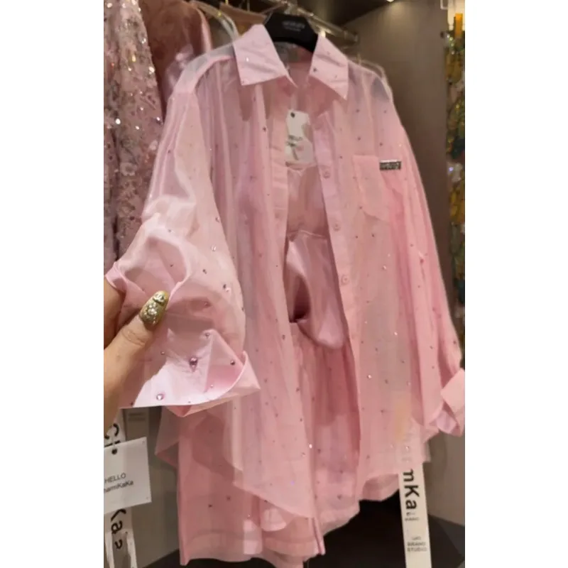 Camisa de manga larga con estrella de diamante para mujer, pantalones cortos informales ajustados de cintura alta, conjunto de dos piezas, moda de verano, 2024