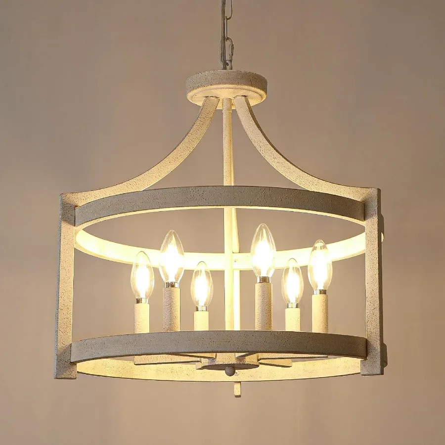 식당, 주방, 현관 및 입구용 디스트레스드 마감의 6등 팜하우스 샹들리에, 반매입형 천장 조명으로 변환 가능