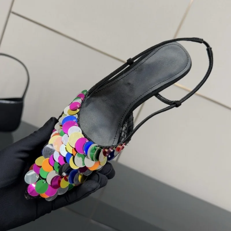 Sandalias de tacón fino de encaje tejido ostentoso Multicolor para