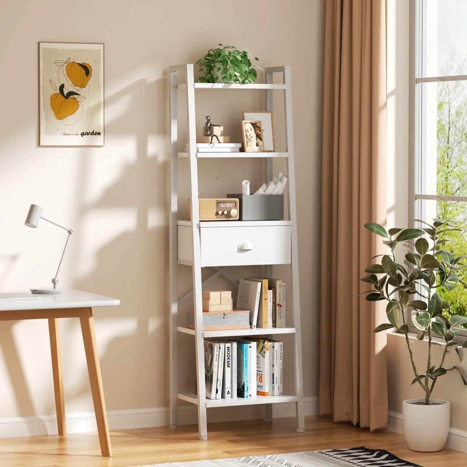 

5-Tier 59.5" Ladder Bookshelf with Removable Drawers Narrow Bookcase for Living Room,White