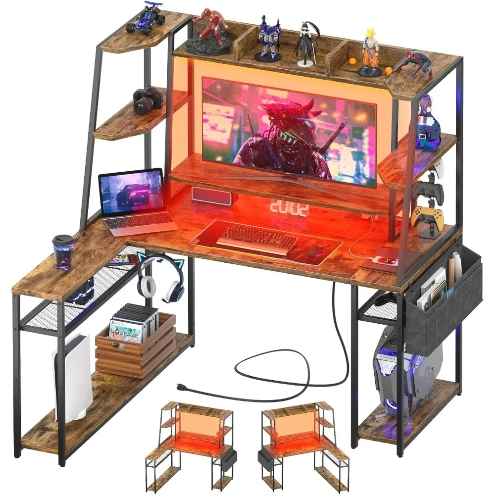 L Shaped Gaming Desk with Hutch, 47'' Gaming Computer Desk with LED Lights & Power Strips, Reversible L-shaped PC Gaming Desk