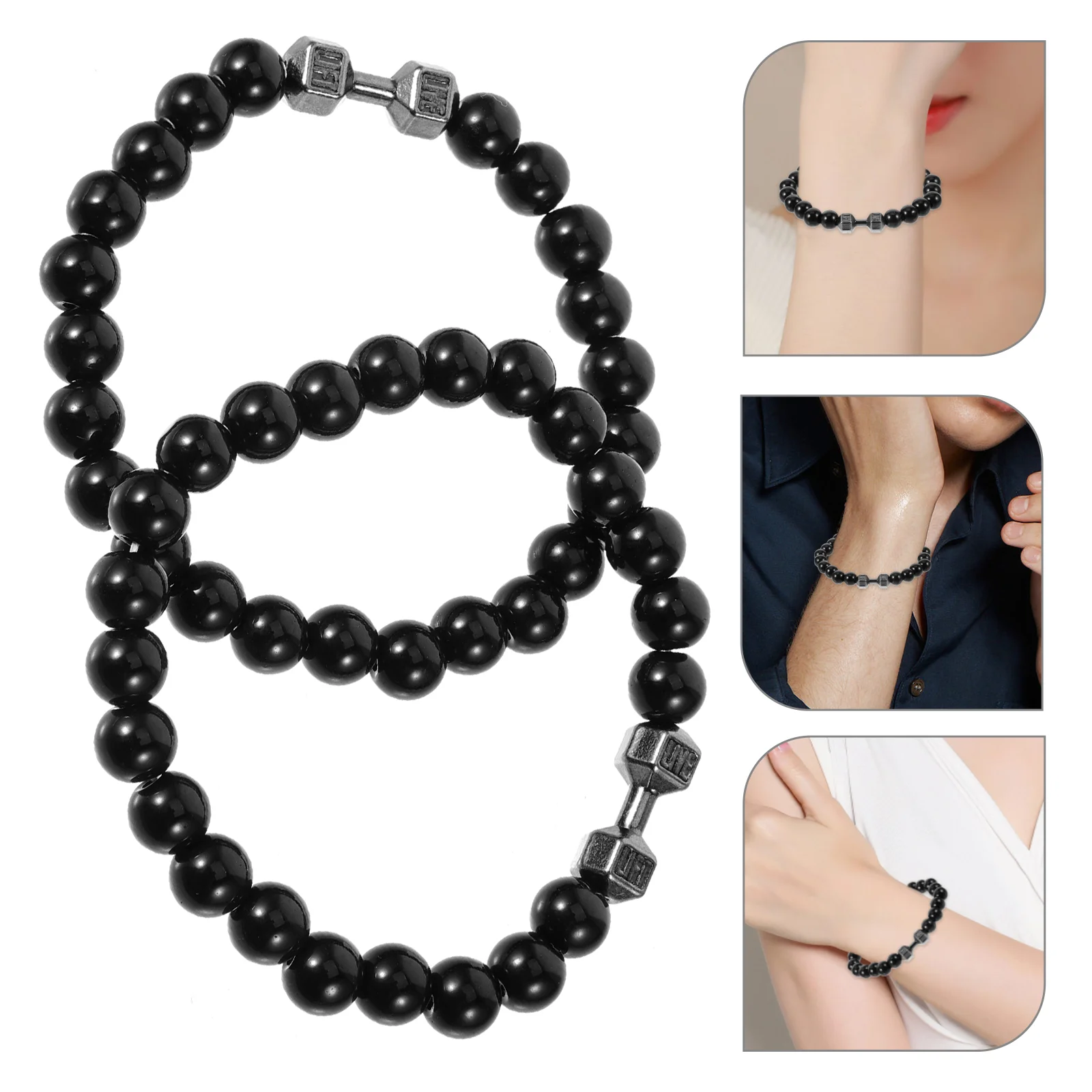 2 Pcs Dumbbell Hand Beaded Bracelets Pieces 1 Set (bright Black) Sturdy for Men Mens Beads Jewelry Alloy Gym Materials