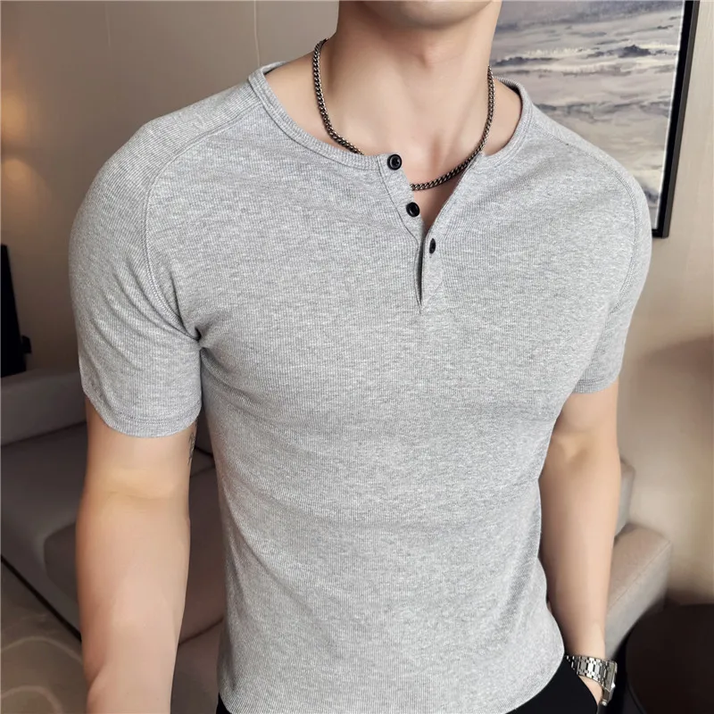 

Men's Henry Collor T-shirts Cotton Stretch Short Sleeve Skinny Tops Tees Man Summer Casual Slim Fit Basic Wear Black White