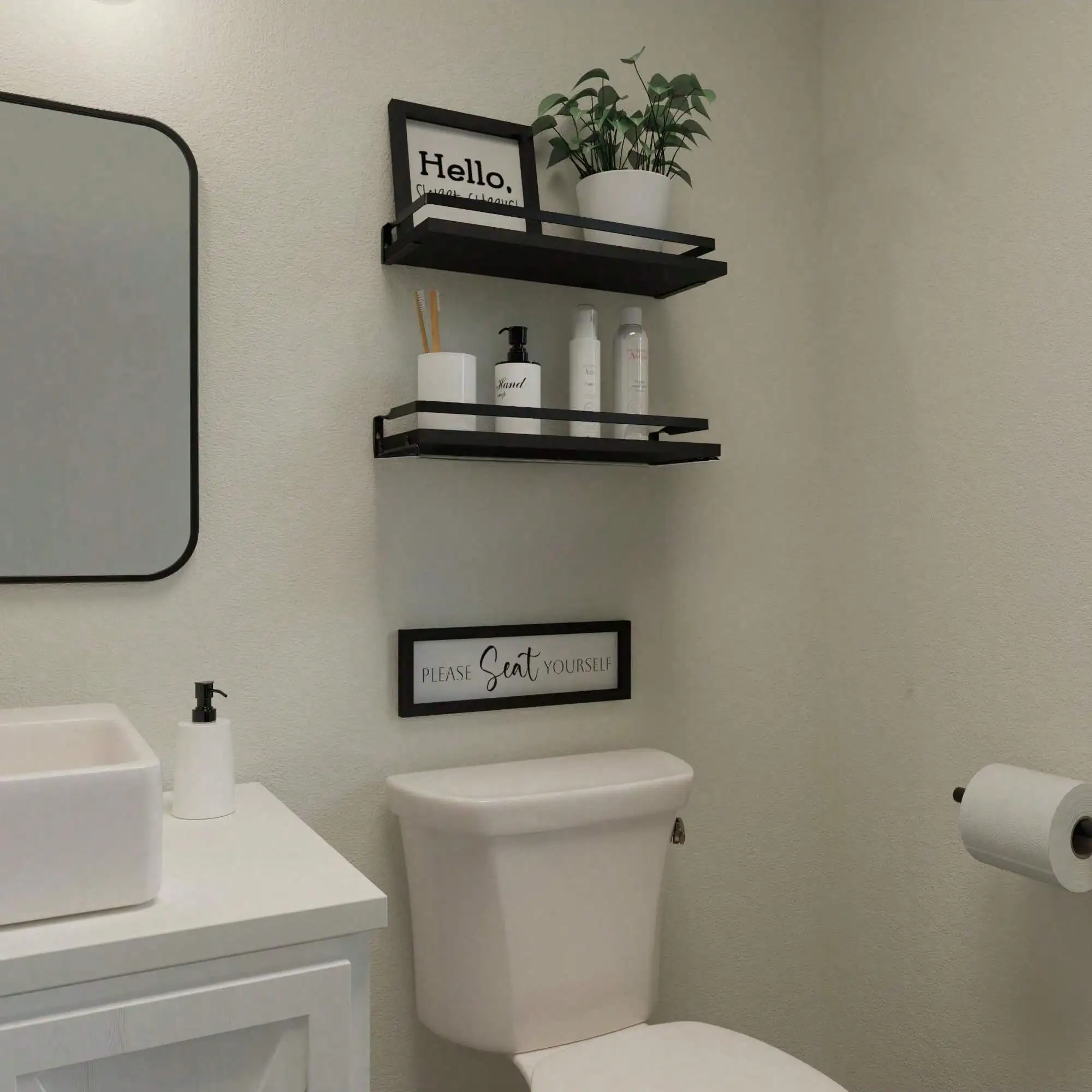 Floating Shelves Over Toilet with Storage Basket & Metal Guardrail, Wood Wall Mounted Bathroom Organizer Shelf with Paper Holder, Rustic Farmhouse Wall Decor for Bedroom, Living Room, Kitchen