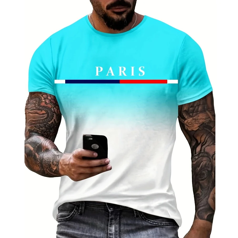 Camiseta de moda para hombre, Camisetas estampadas en 3D con gráfico de París de Color degradado, camisetas informales de manga corta, ropa de gran