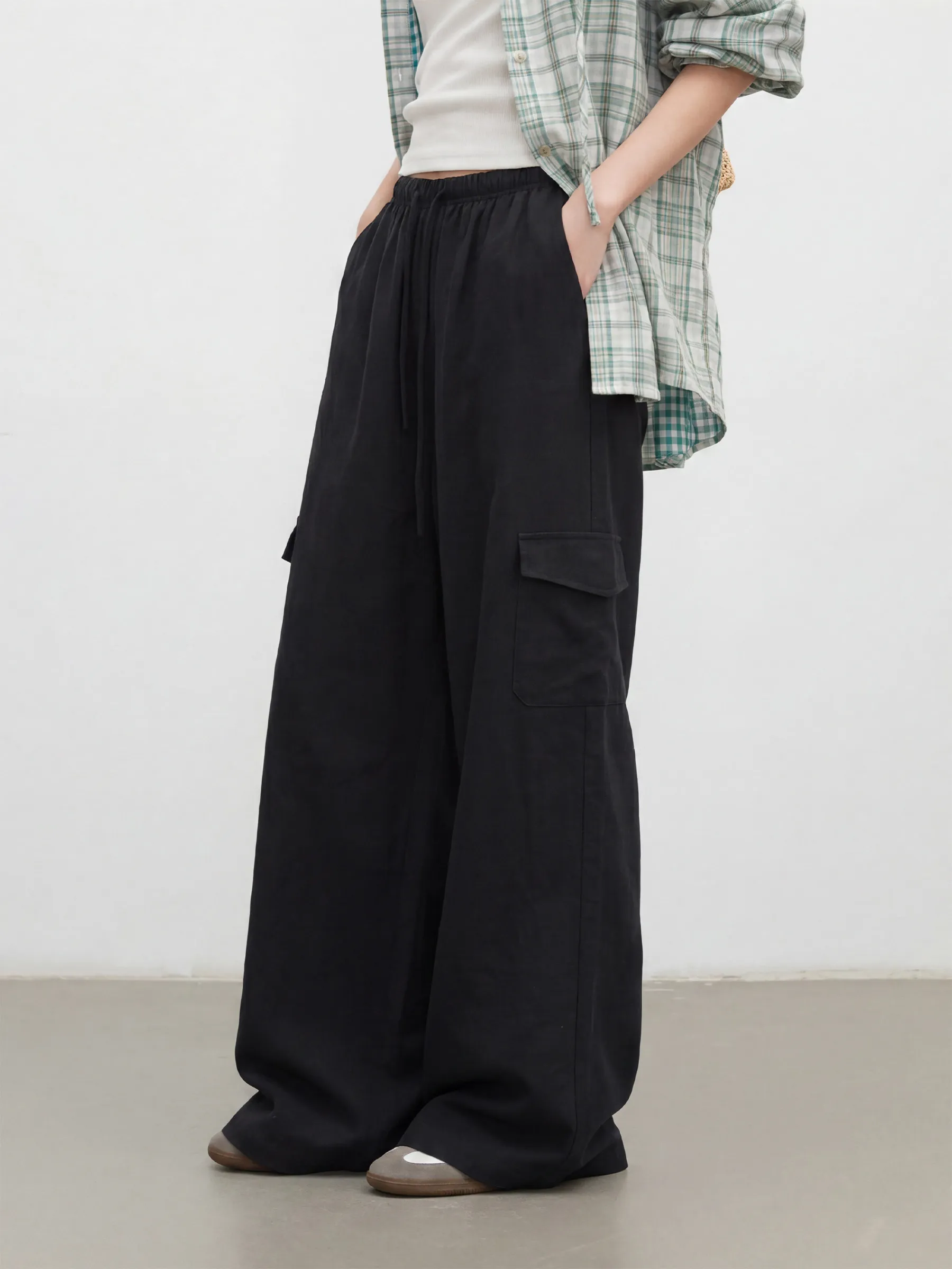 CHIC VEN Fashion Women Pants Solid High Waist Loose Casual Elastic Drawstring Patch Pocket Female Wide Leg Trousers Summer 2026