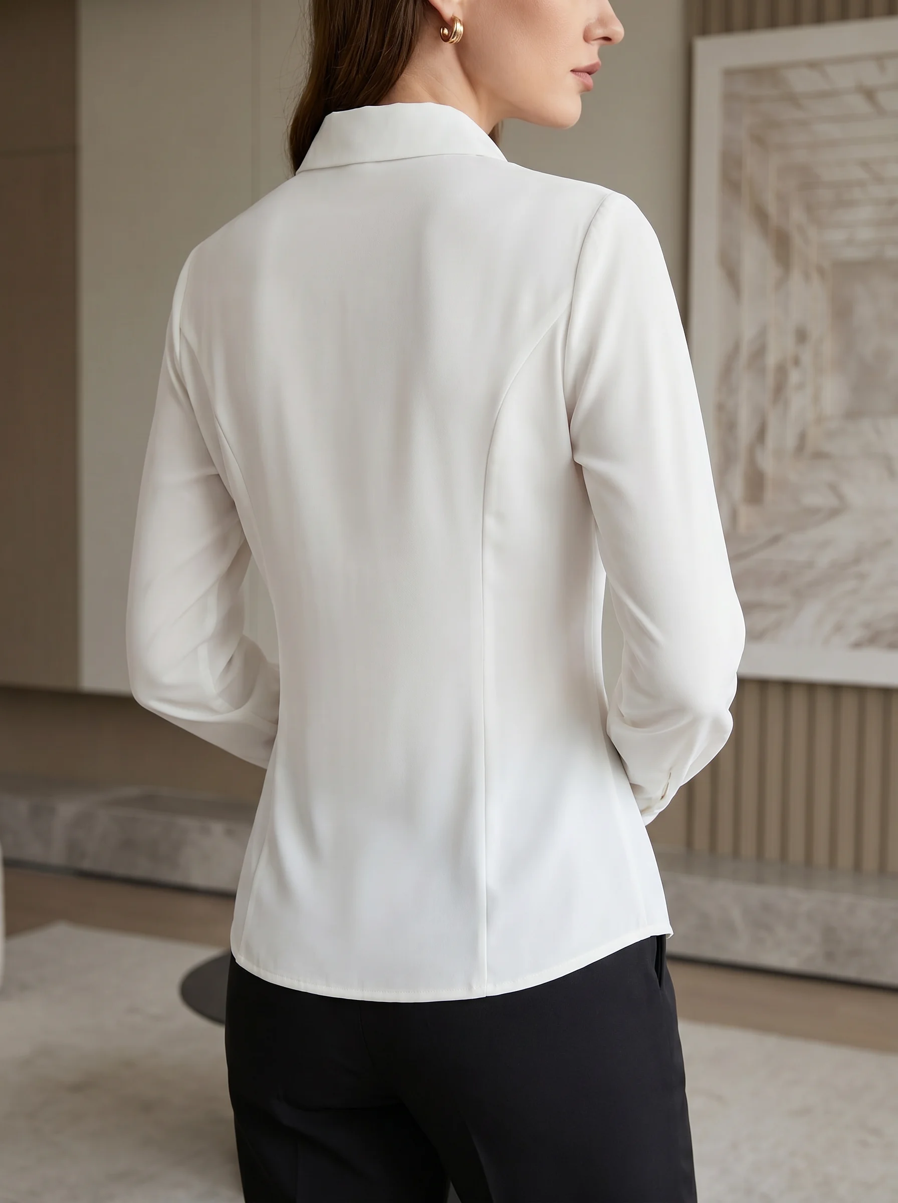 Women Sexy Slim Fit Pleated Button Down Shirt Elegant Long Sleeve Office Blouse - view 4