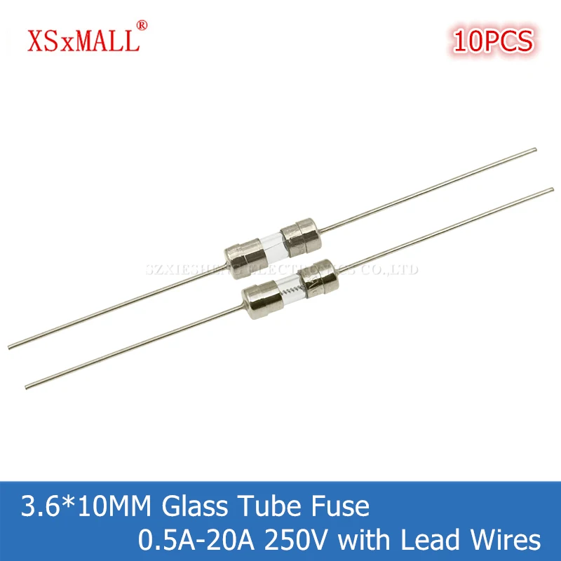 Image of 10PCS 3,6*10MM Flink/Langsam-Blow Glas Rohr Sicherung mit Blei Drähte 0,5A 1A 1,5A 2A 2,5A 3A 3,15A 4A 5A 6,3A 8A 10A 15A 20A 250V