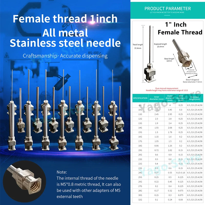 

12 Pack M5 internal thread stainless steel dispensing needle/tips 1 inch exposed length 25mm total length 37mm from 12G to 21G