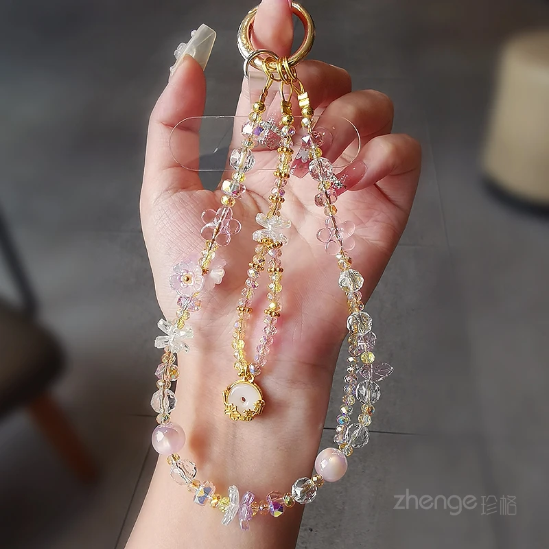 

Pink Iridescent Beaded Phone Lanyard, Luxury Clear Rhinestone Anti-Lost Wrist Strap, Universal Accessory