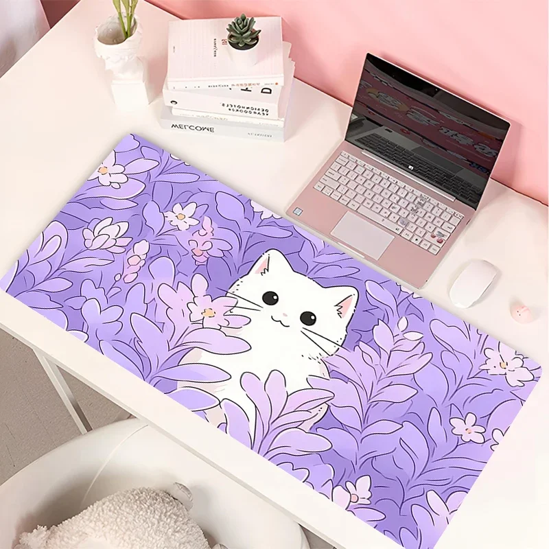 Clouds Black Cat Mouse Pad PC Green Plants Flower Gaming Keyboard Rug Laptop Kawaii Anime Gamer Cabint Mousepad XL Cute Desk Mat