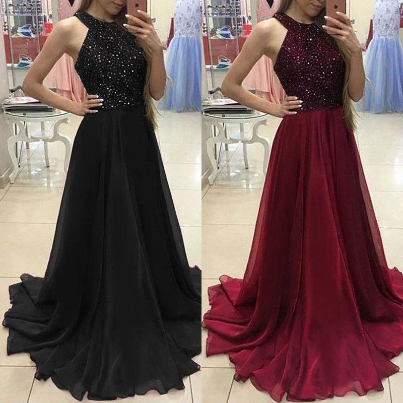 Fashion Women Dress Sexy Ladies Sleeveless Lace Long Bodycon Women Formal Wedding Ball Gown Party Halter Sequin Maxi Dress