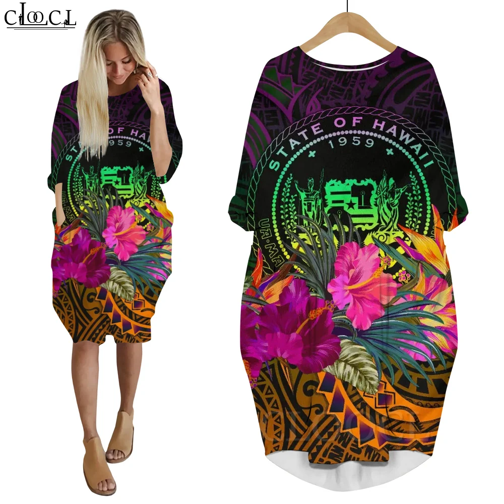 CLOOCL Women Dress Polynesian Turtle Hawaii Map 3DPrint Loose Daughter Skirt Streetwear Casual Long Sleeve Pocket Female Dresses