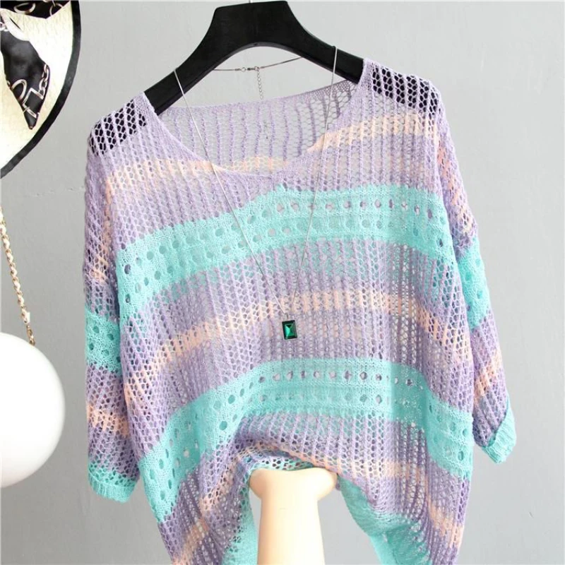 New High-quality Stripe V-Neck Hollow Out Shirt Women Ice Silk Knitted Sweater Loose Blouse Thin Clothing Korean Fashion