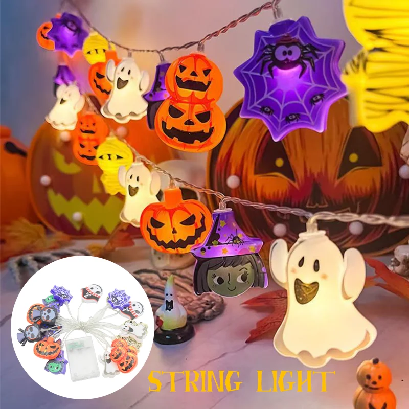 

Halloween LED Colourful Lights Battery Powered String Light With Ghost Witch Spider Web Skeleton Shape Decoration Ambient Lights