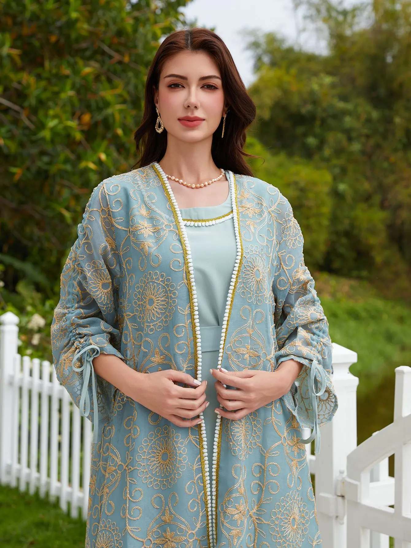 

Роскошная абайя премиум-класса, ручной работы, из двух частей, с вышивкой цветочными мотивами, элегантное платье, эксклюзивный исламский джильбаб, джалабия.