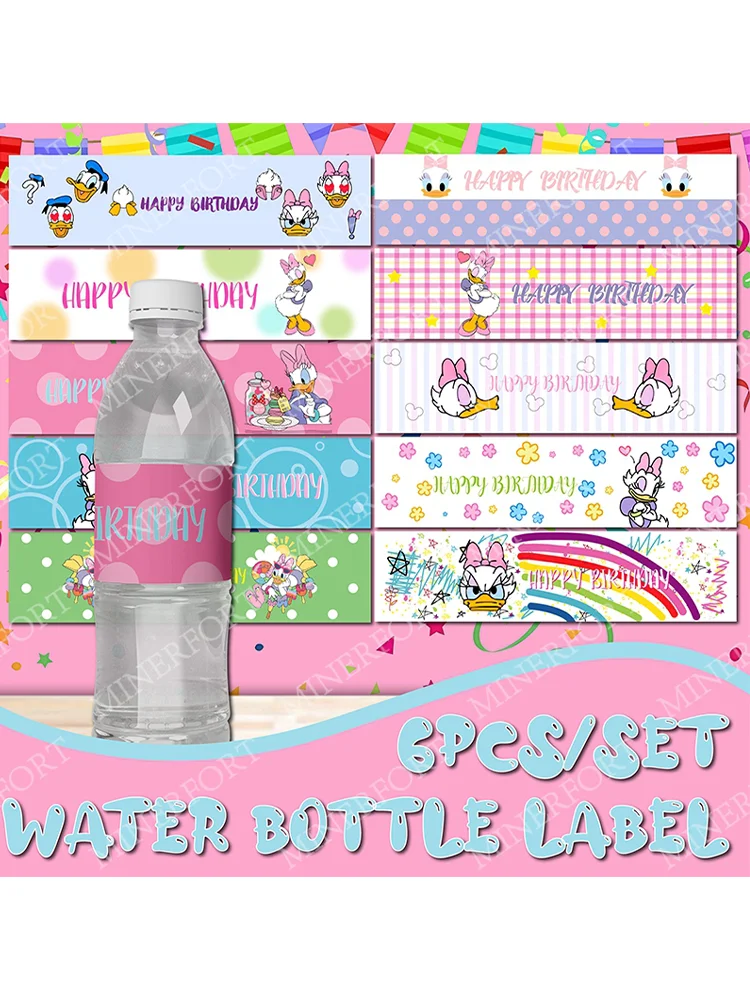 Étiquette de bouteille d'eau thème canard marguerite, autocollant de dessin animé Donald Duck pour enfants, décoration de fête prénatale, anniversaire, mariage, 6 pièces