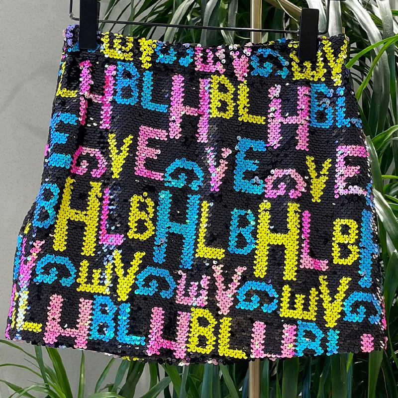 

H80&S90 New Holiday Women Amazing Sexy Sequin Beading Classic Hip Hop Slim Mini Skirt Vintage Female Geometric A-Line Skirt