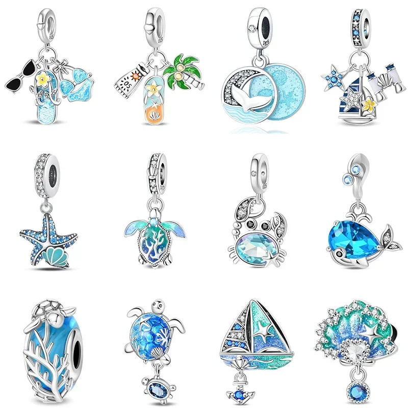 Silver Seaside Vacation Charms Beads Fit Original Bracelet Bag Keychain Earring Charm Bead Pendant Diy Women Jewelry Gift