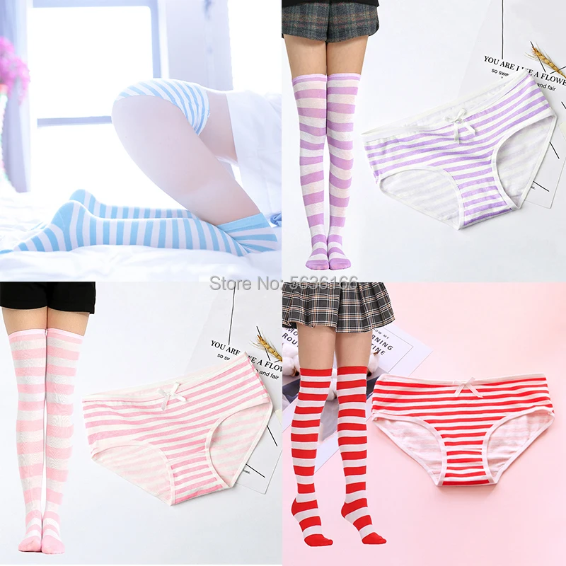 

Sexy Hot Erotic Japanese Anime Miku Kawaii Mini Bikini Cosplay Blue White Striped Lolita socks underpants Women Underwear Set