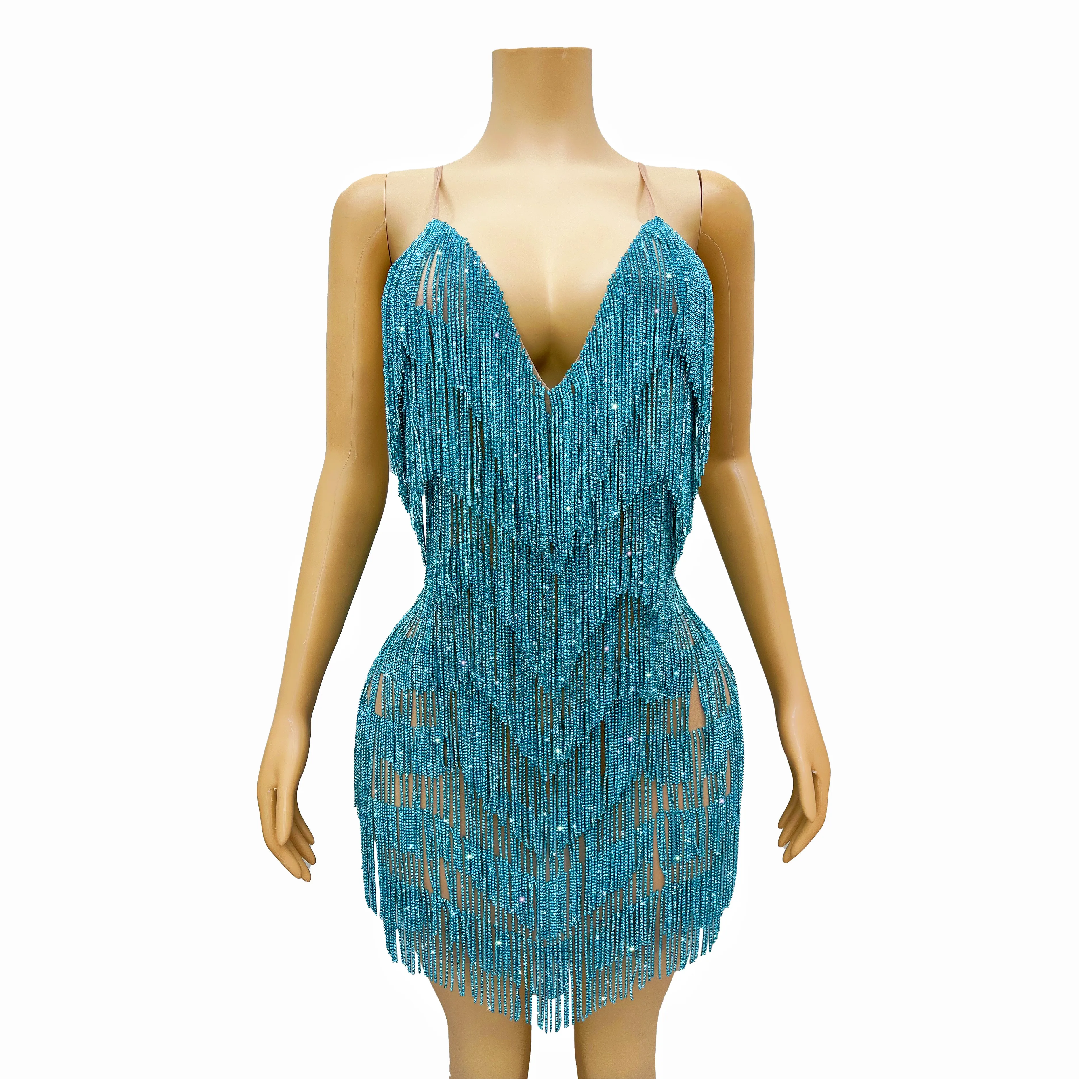 Luxury Blue Crystals Fringes Tassels Sexy Backless Dress Deep Neck Singer Stage Wear See Through Outfit Full Chains Costume