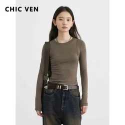 CHIC VEN Women T-Shirts Korean Casual Solid O-neck Slim Basic Tops Fashion Long Selvee Warm Tees Women Clothes Autumn New 2024