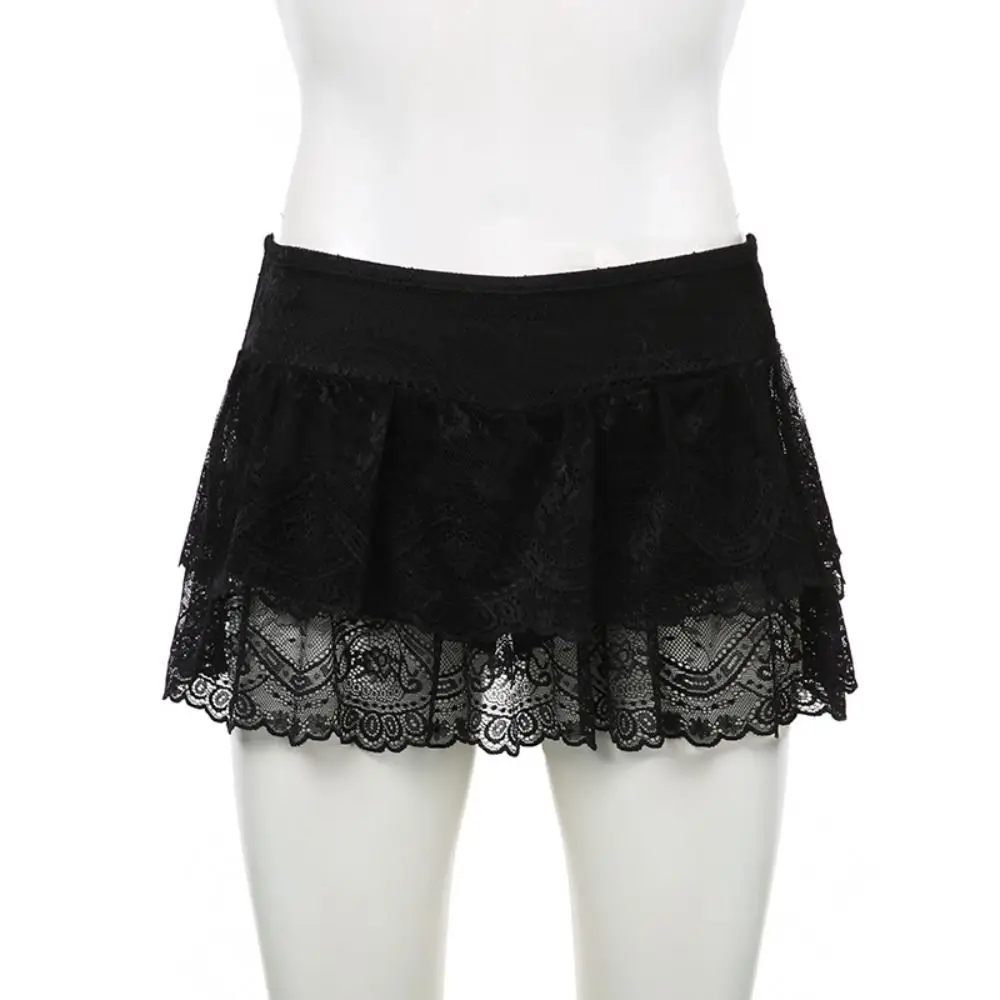 

Embroidered Flower Lace Mini Skirt See Through Harajuku Lace Up Ruffles Skirt Y2K Streetwear Double Layer Butt Curtain