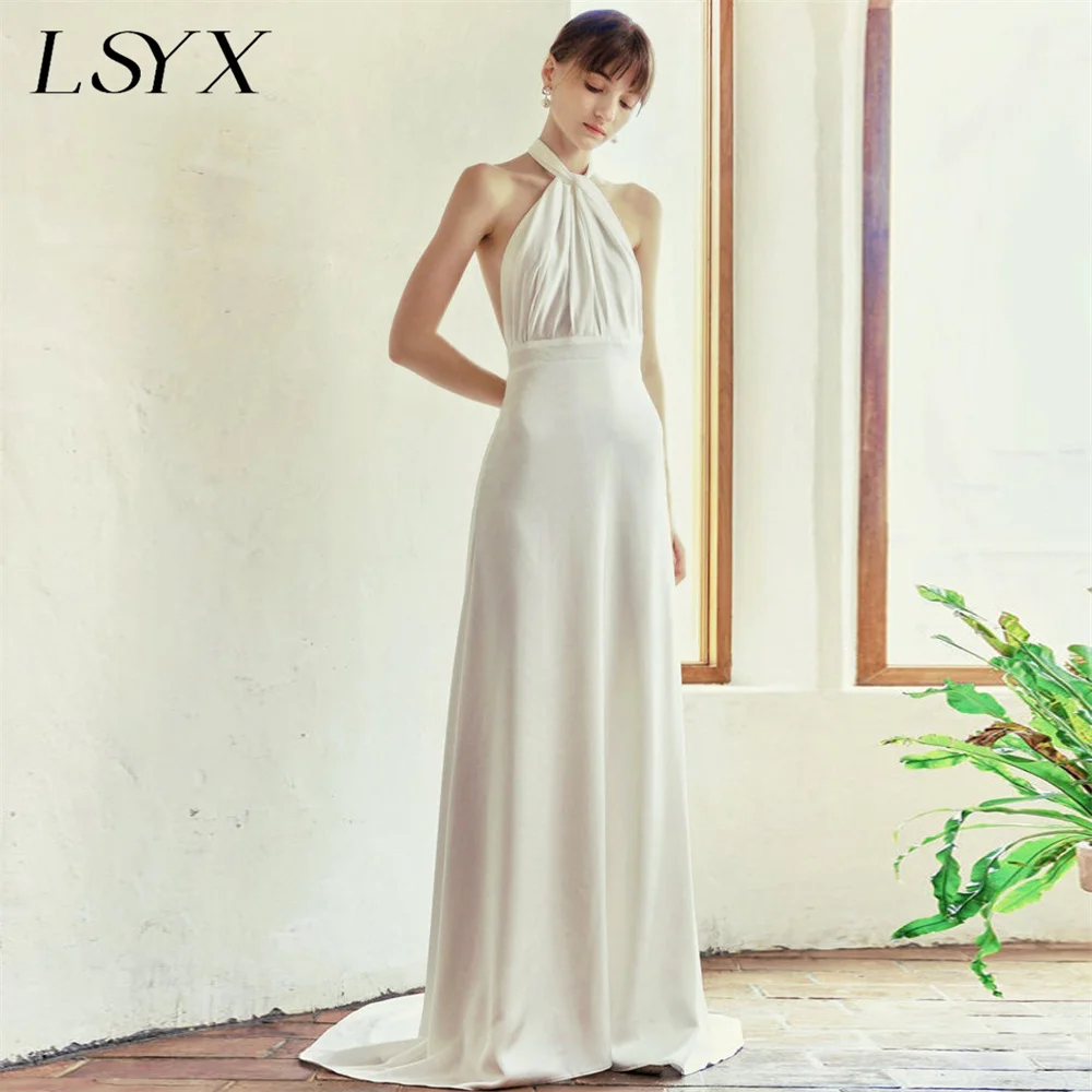 LSYX Customized Halter Sleeveless Elegant A Line Wedding Dress For Women Pleated Backless Court Train Bridal Gown Simple