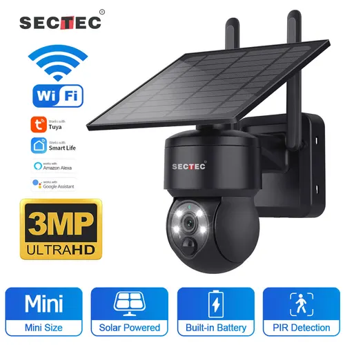 SECTEC 투야 태양광 PTZ 카메라 보안 와이파이 CCTV 무선 방수 감시 카메라, 야외 야간 투시, 3MP