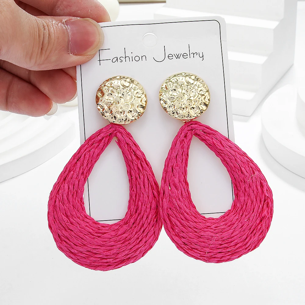 Unique Pink Heart Raffia Earrings Cute Dangle Bohemian Ratten Earrings Statement Handmade Knitting Summer Love Jewelry for Women image 4