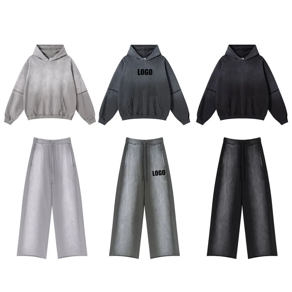 Custom Men's 2025 Autumn 370G Heavy 100% Cotton Retro Spray Ma Liu Sweater Old White Casual Pants Set