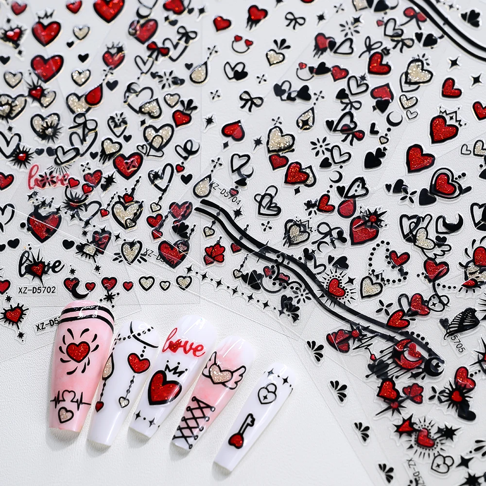 6 fogli di adesivi per nail art con glitter a forma di cuore d'amore 3D nero rosso abbinato con fiocco autoadesivo a forma di cuore fai da te cursore per unghie Y2K decorazione per unghie * #