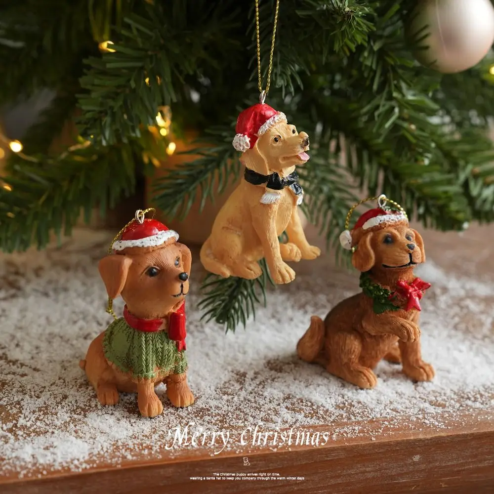 Creative Christmas Hat Dog Sculpture Sitting/Standing Position Modern Christmas Ornament Cute Puppy Deer Desktop Ornament