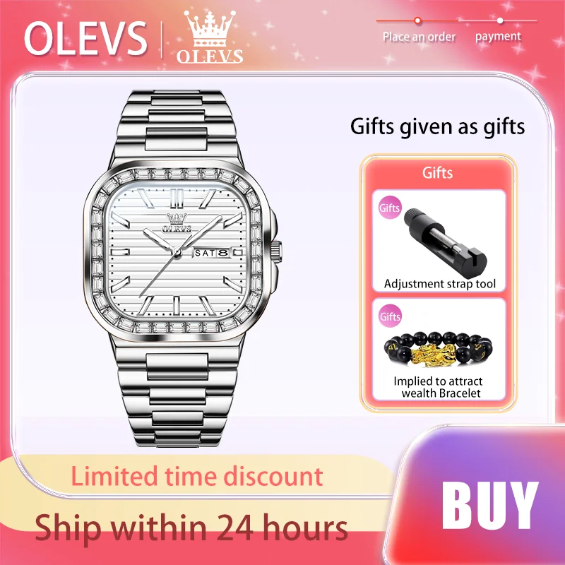 OLEVS Brand Simplicity Men's Watches Luminous Diamond Square Dial Quartz Watch Original Certification Waterproof Male Wristwatch