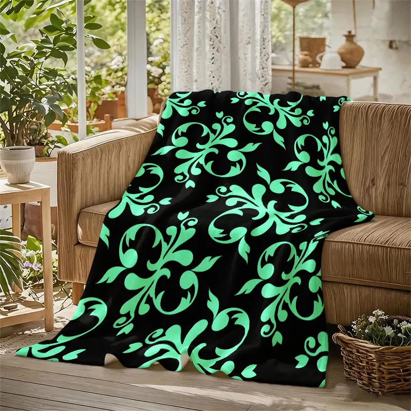 Mint Baroque Floral Black Flannel Blanket Perfect for Sofa Office Bed Travel Sleep Read Relax Camping Four Season Use