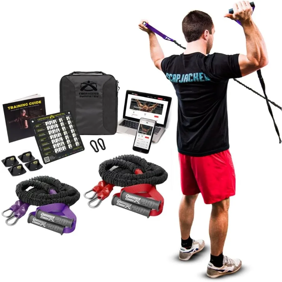 Sistema de hombro con simetría cruzada con bandas de resistencia, accesorios, guía de entrenamiento, tabla de ejercicios, entrenamientos en línea para ajuste en casa