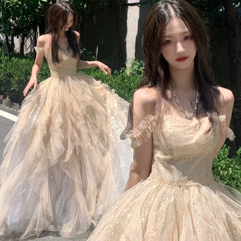 

Ele Champagne Colored Evening Gown Princ Sle Adult Ceremony Forest System Super Fairy T Ball Dr with Belt